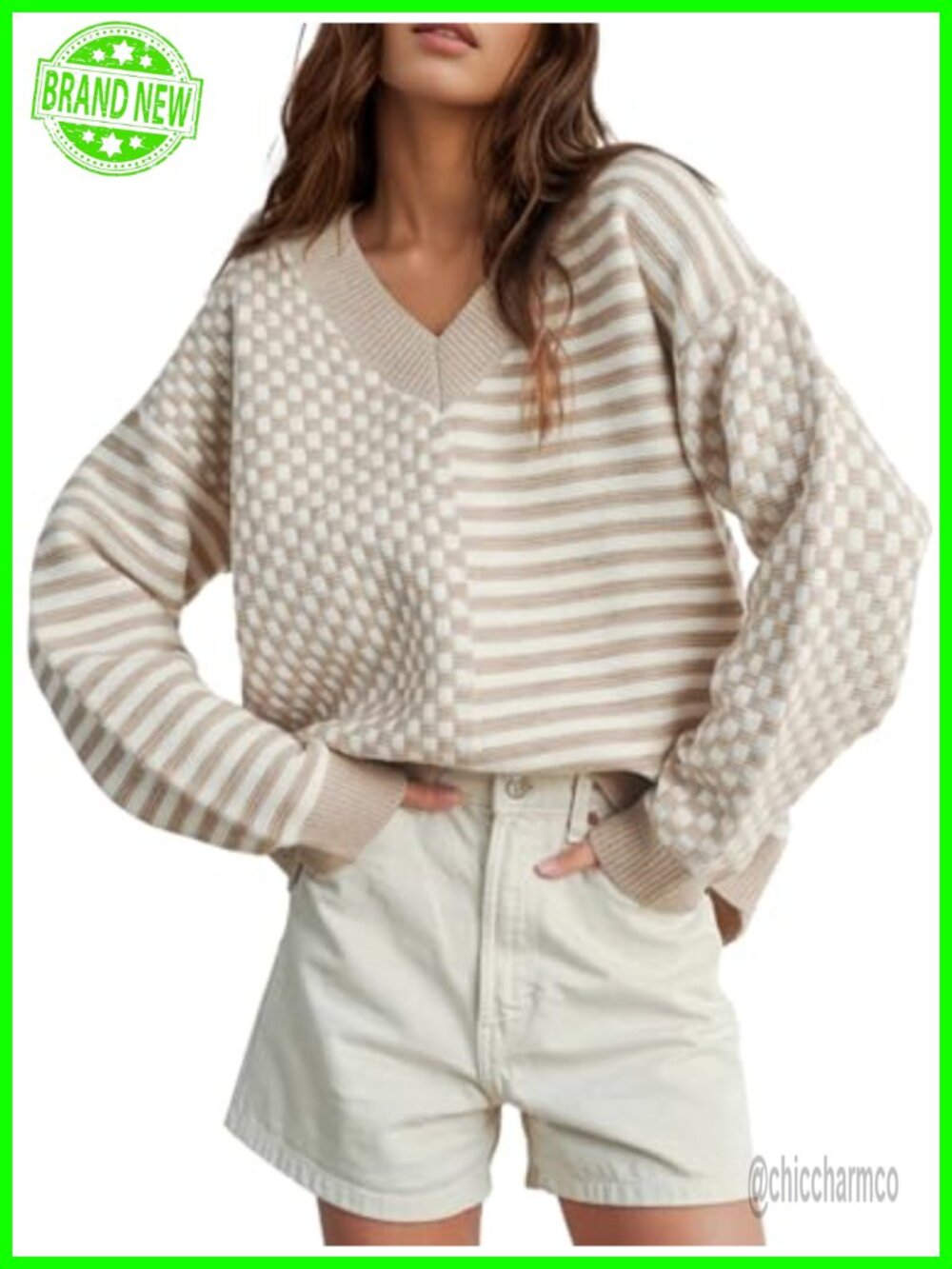 Womens Striped Checkered V Neck Pullover Sweater Long Sleeve Loose Fit